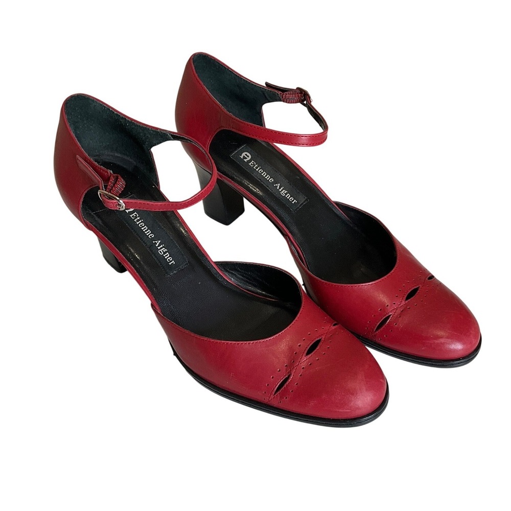 Vtg Rainier Red Leather Etienne Aigner Mary Jane Block Heels Coquette Retro 8.5